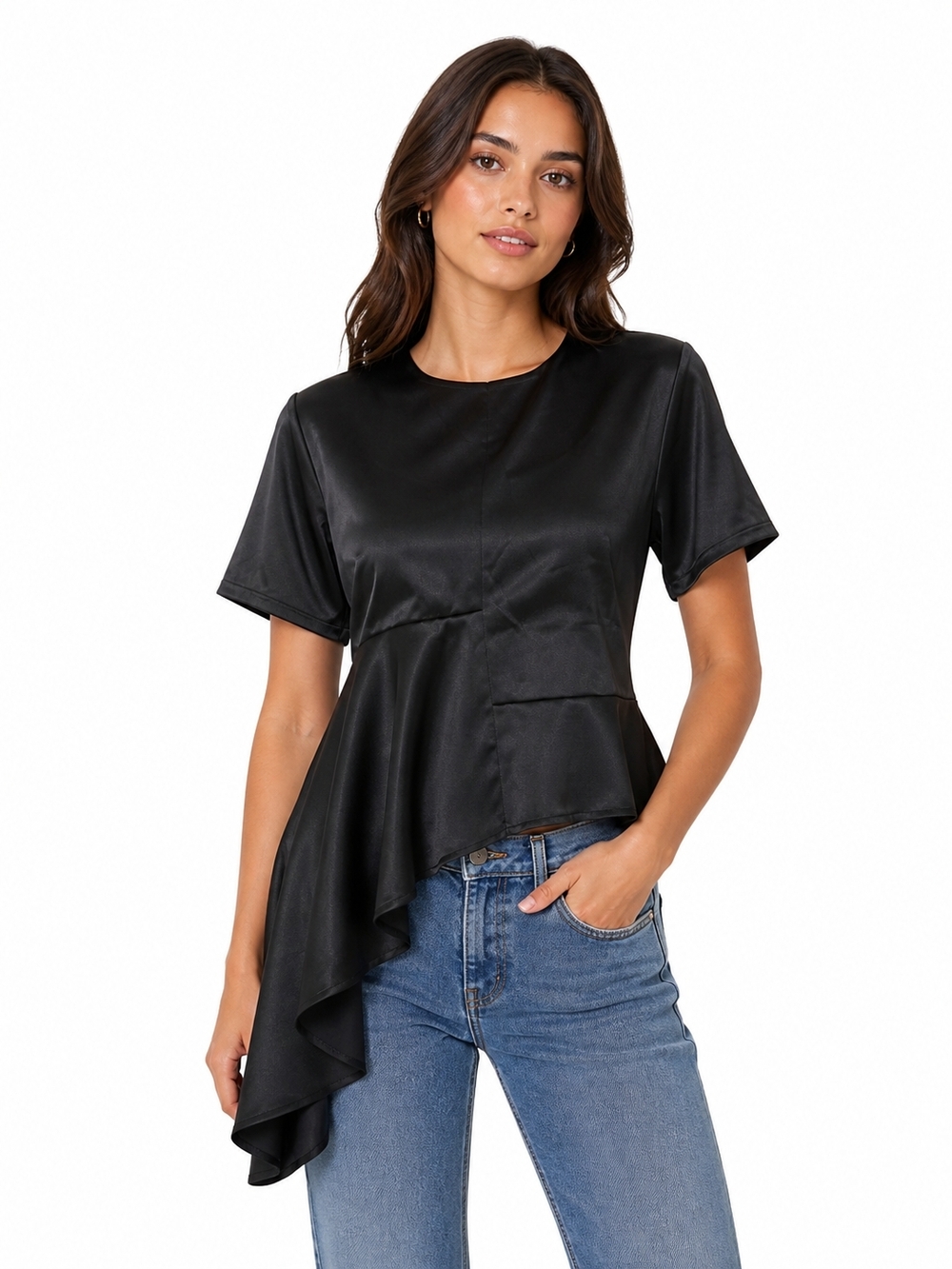 Satin Asymmetric Peplum Blouse in Black